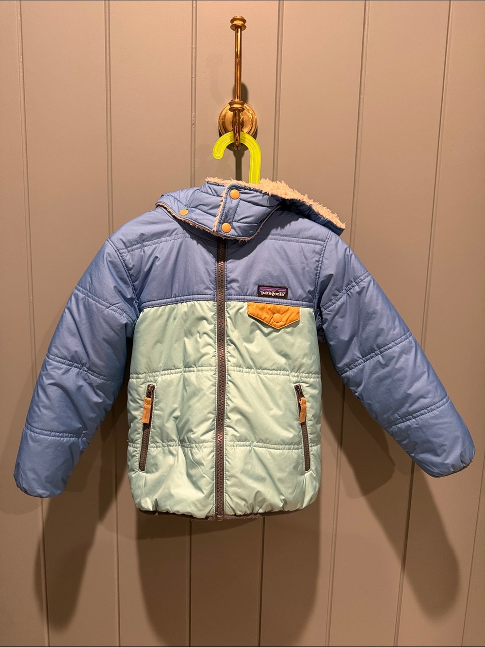 Patagonia Kids Two-Tone Light Blue & Mint Puffer Jacket, Reversible